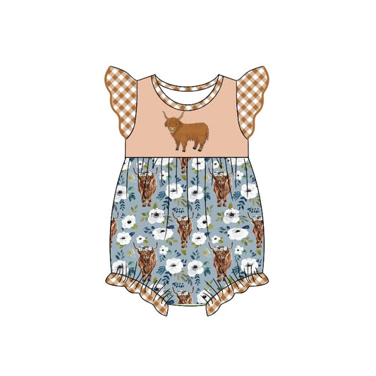 Baby Infant Girls Highland Cow Flutter Sleeve Flowers Rompers preorder