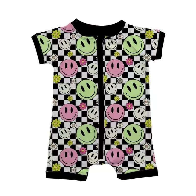 Baby Girls Flowers Smiles Black Checkered Summer Rompers preorder