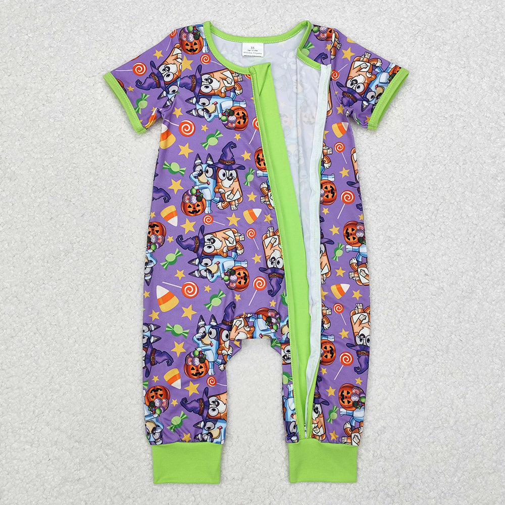 Baby Infant Boys Dog Halloween Purple Bamboo Zip Sleepers Rompers