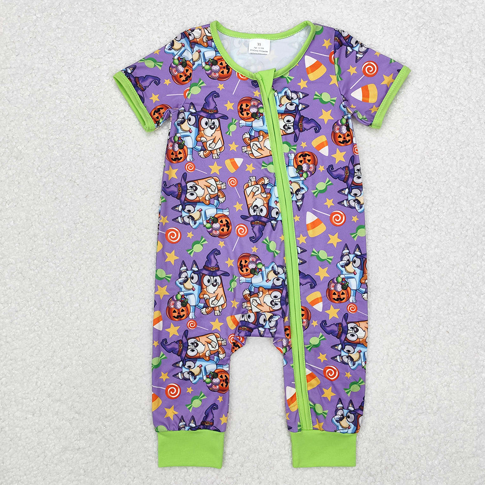 Baby Infant Boys Dog Halloween Purple Bamboo Zip Sleepers Rompers