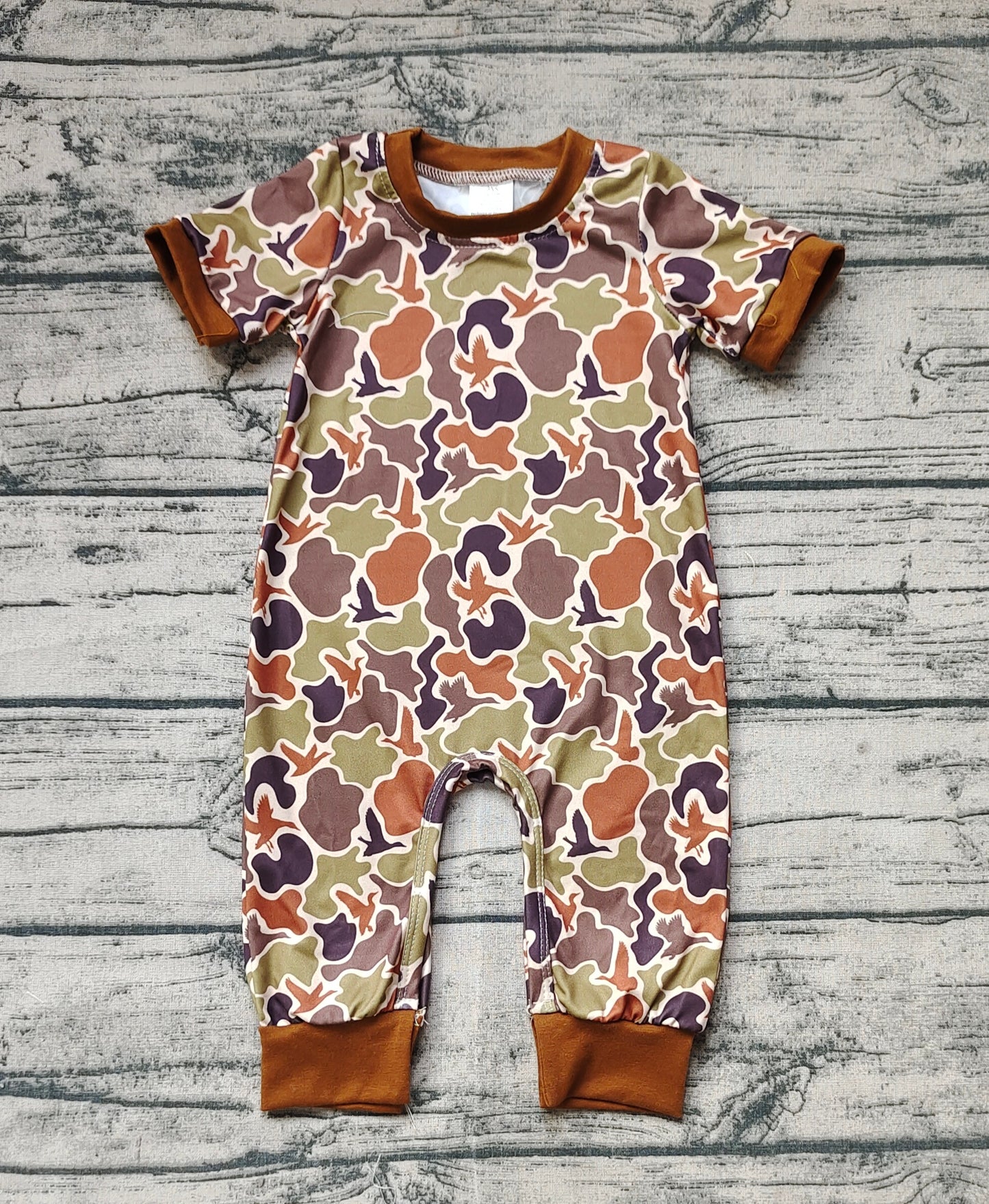 Baby Infant Boys Duck Dark Brown Camo Short Sleeve Rompers