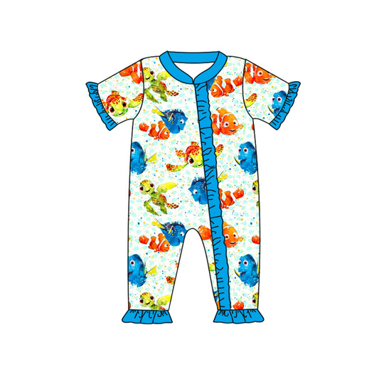 Baby Infant Girls Fish Turtle Ruffle Zip Rompers preorder