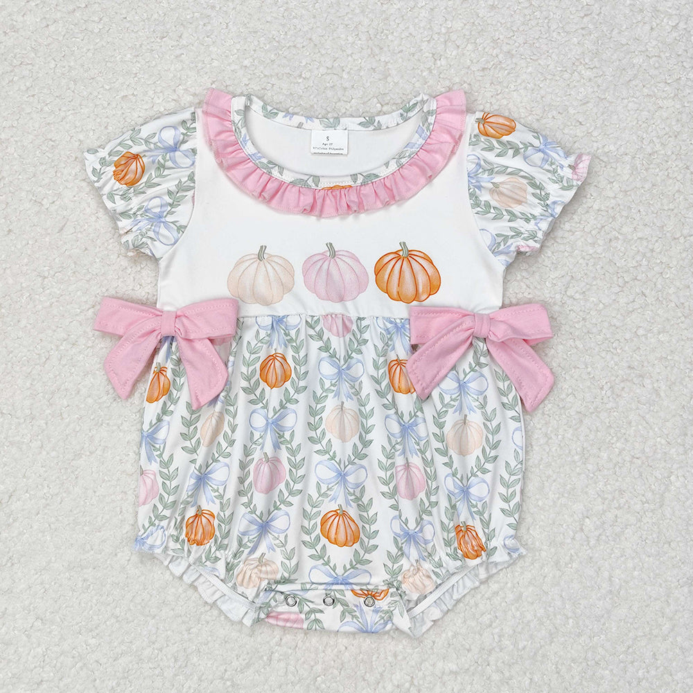 Baby Infant Toddler Girls Bows Pumpkin Leaves Short Sleeve Rompers