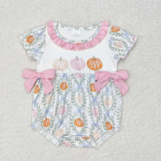 Baby Infant Toddler Girls Bows Pumpkin Leaves Short Sleeve Rompers