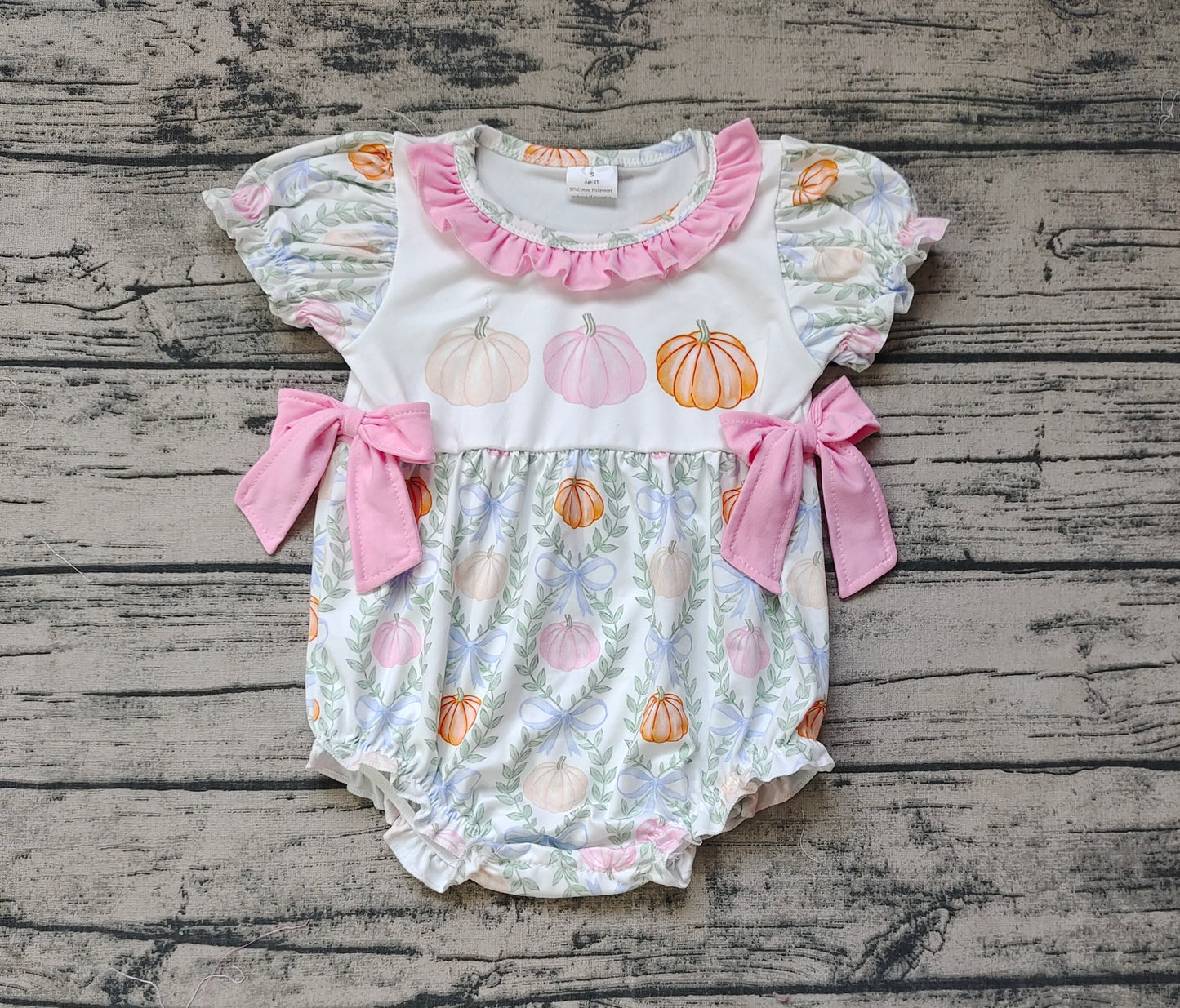 Baby Infant Toddler Girls Bows Pumpkin Leaves Short Sleeve Rompers
