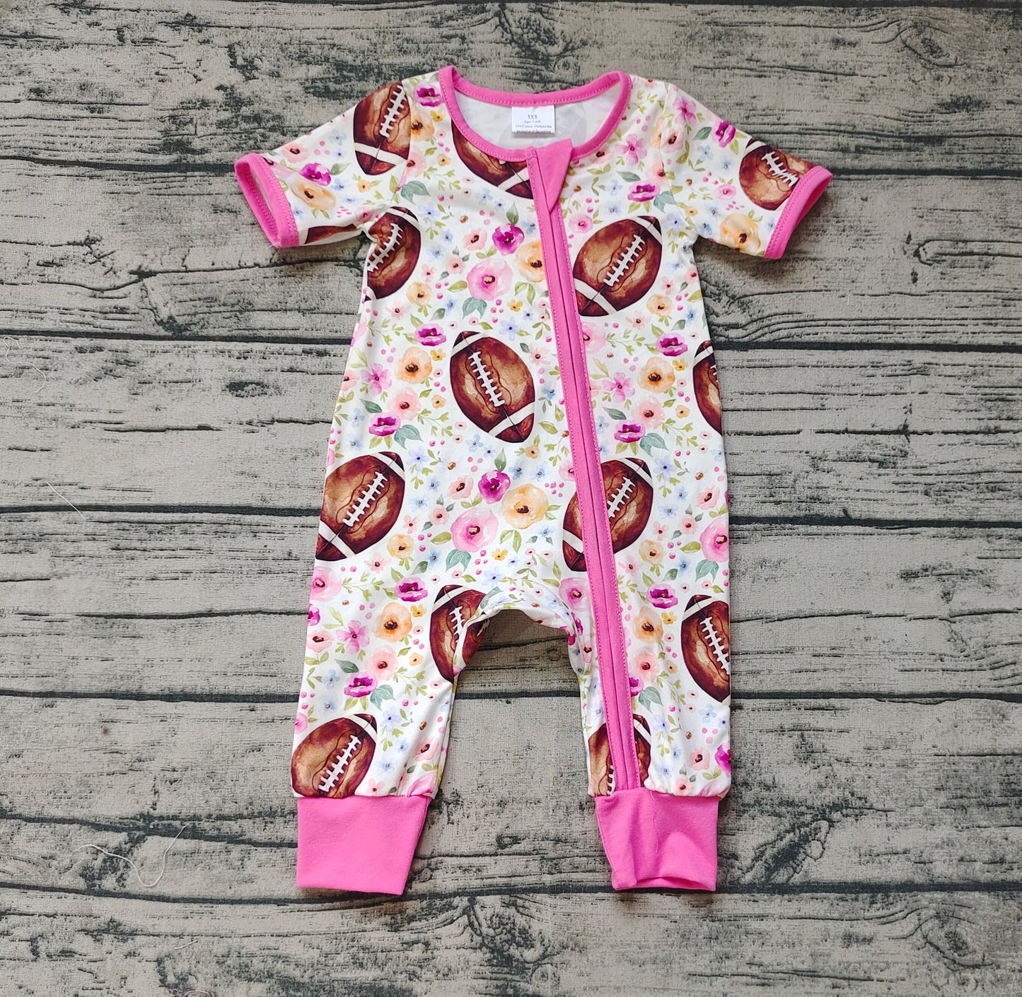 Baby Infant Girls Football Flowers Zip Short Sleeve Rompers