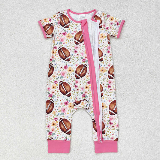 Baby Infant Girls Football Flowers Zip Short Sleeve Rompers