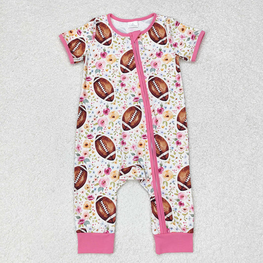 Baby Infant Girls Football Flowers Zip Short Sleeve Rompers