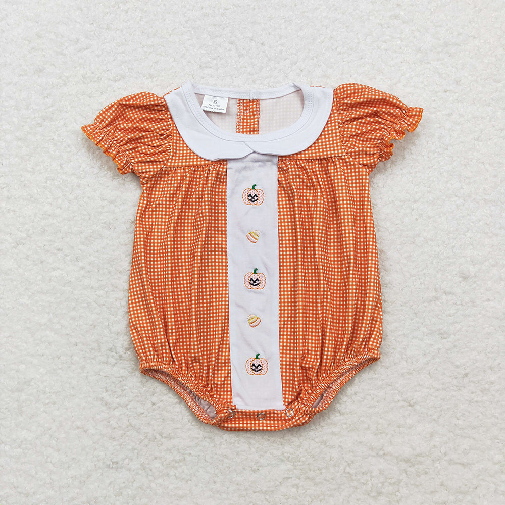 Baby Infant Girls Fall Orange Checkered Pumpkin Short Sleeve Rompers
