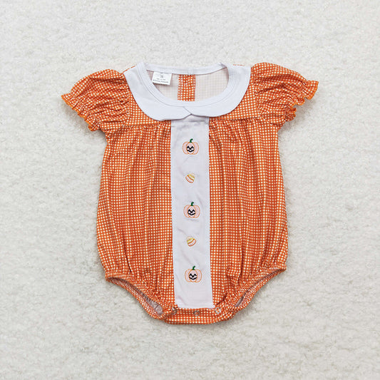 Baby Infant Girls Fall Orange Checkered Pumpkin Short Sleeve Rompers