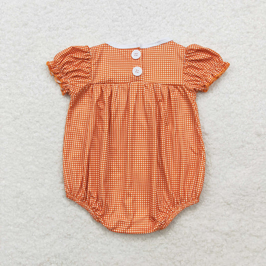 Baby Infant Girls Fall Orange Checkered Pumpkin Short Sleeve Rompers