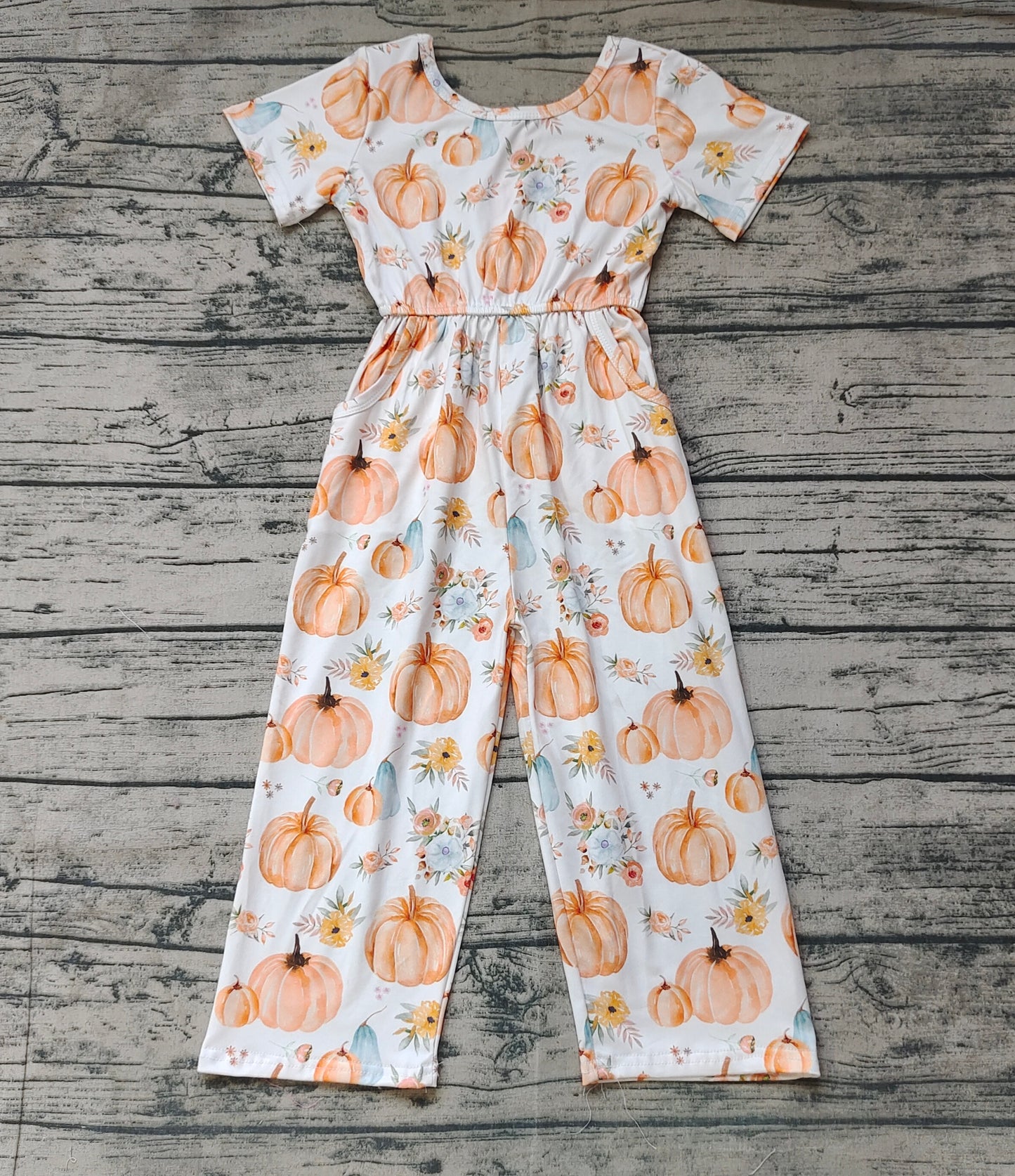 Baby Girls Fall Pumpkin Flowers Short Sleeve Pants Jumpsuits