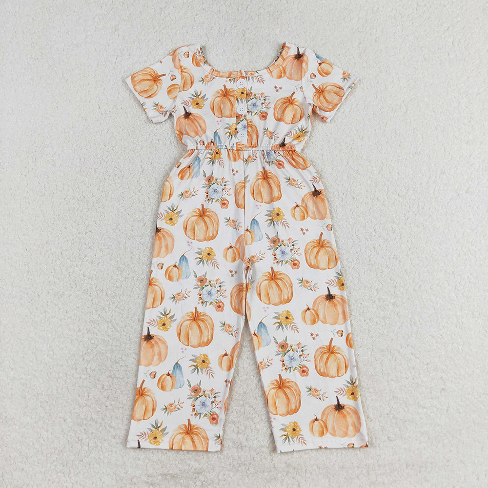 Baby Girls Fall Pumpkin Flowers Short Sleeve Pants Jumpsuits