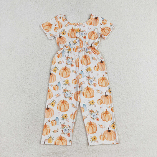 Baby Girls Fall Pumpkin Flowers Short Sleeve Pants Jumpsuits