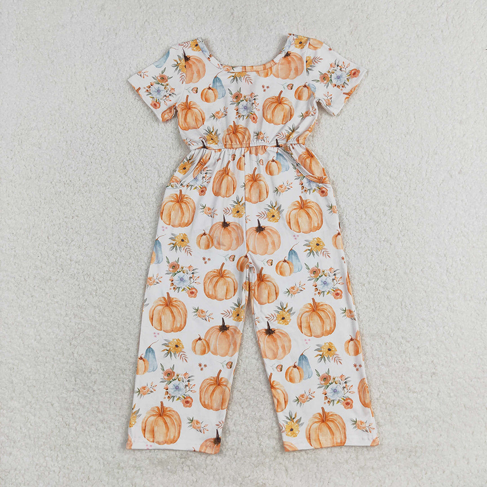 Baby Girls Fall Pumpkin Flowers Short Sleeve Pants Jumpsuits