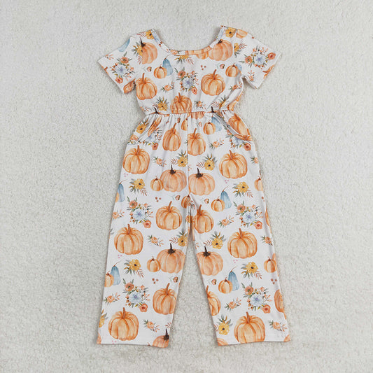 Baby Girls Fall Pumpkin Flowers Short Sleeve Pants Jumpsuits