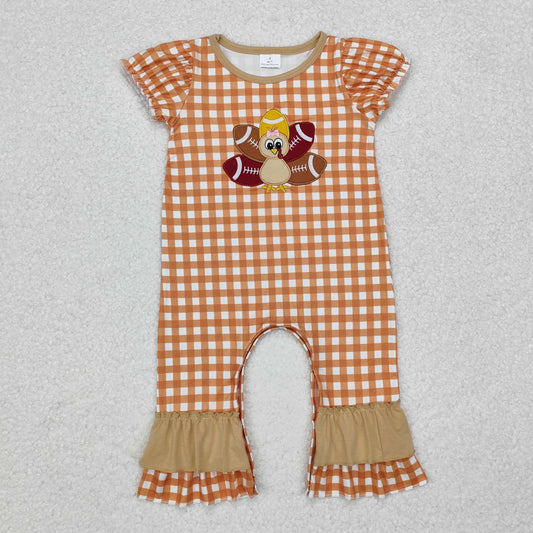 Sibling Baby Boys Girls Embroidery Turkey Footballs Thanksgiving Footie Rompers