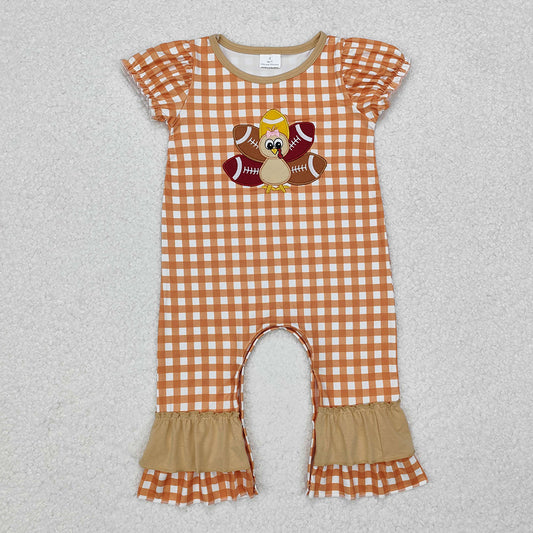 Baby Infant Girls Turkey Thanksgiving Checkered Short Sleeve Rompers