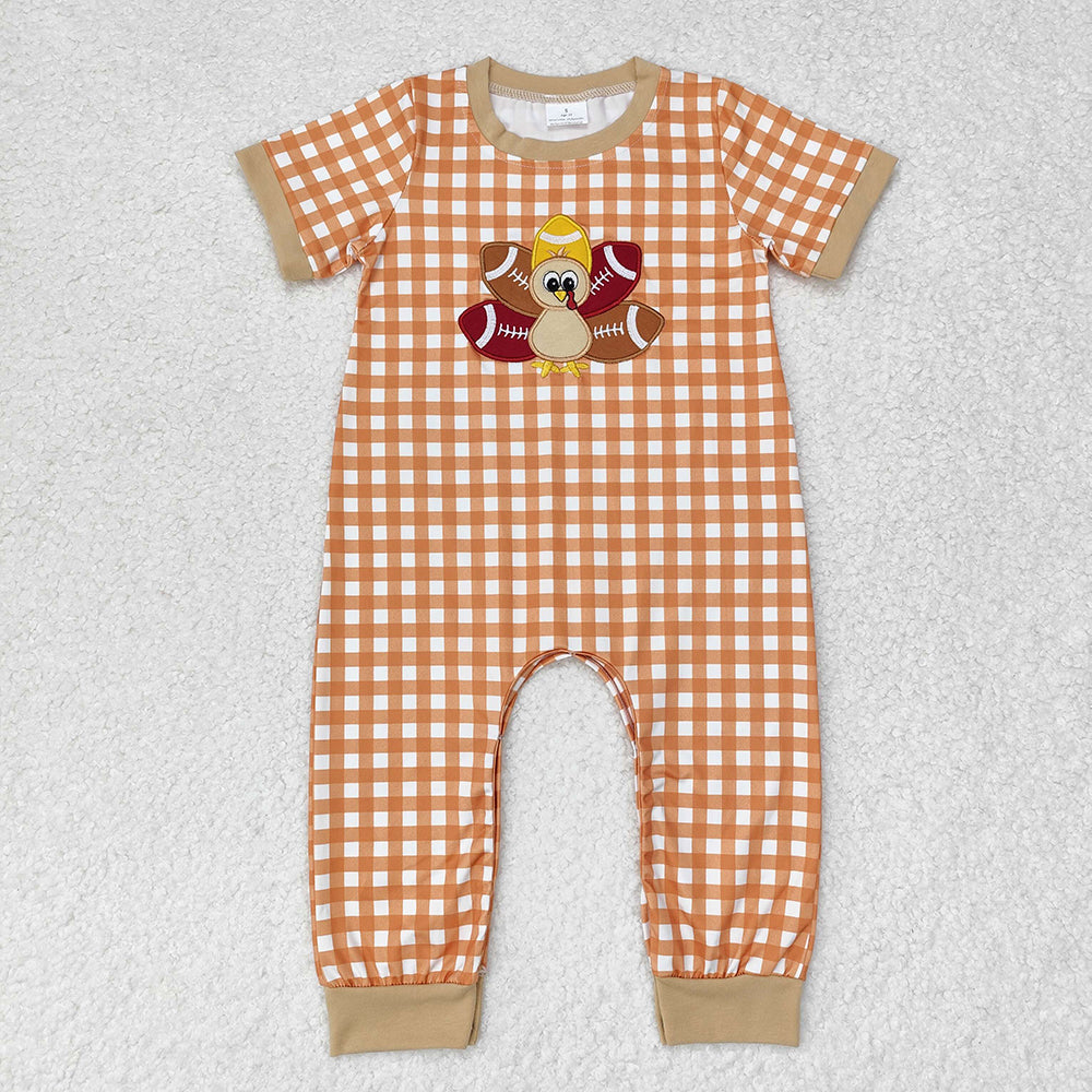 Baby Infant Boys Turkey Thanksgiving Checkered Short Sleeve Rompers