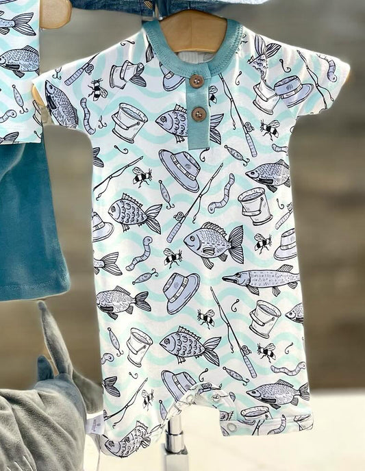 Baby Infant Boys Fishing Blue Stripes Short Sleeve Rompers preorder