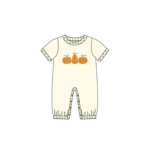 Baby Infant Boys Pumpkin Green Checkered Short Sleeve Rompers preorder