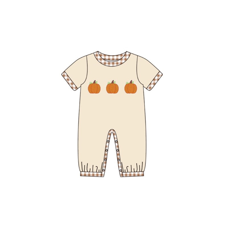 Baby Infant Boys Checkered Pumpkin Buttons Short Sleeve Rompers preorder