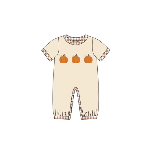 Baby Infant Boys Checkered Pumpkin Buttons Short Sleeve Rompers preorder