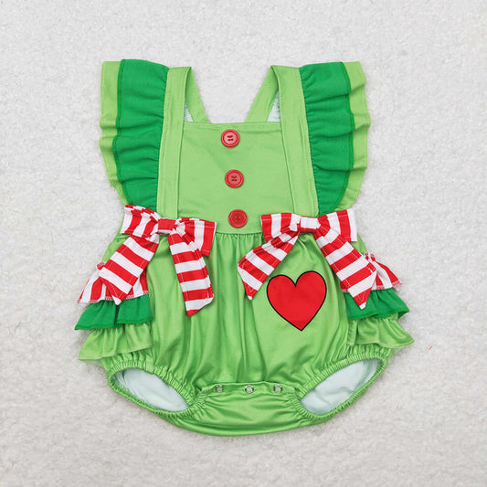 Baby Infant Girls Christmas Green Hearts Ruffles Rompers