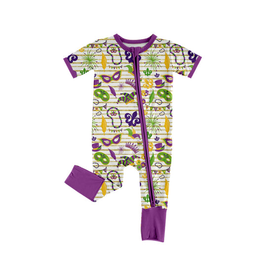 Baby Infant Girls Mardi Gras Stripes Short Sleeve Zip Rompers preorder