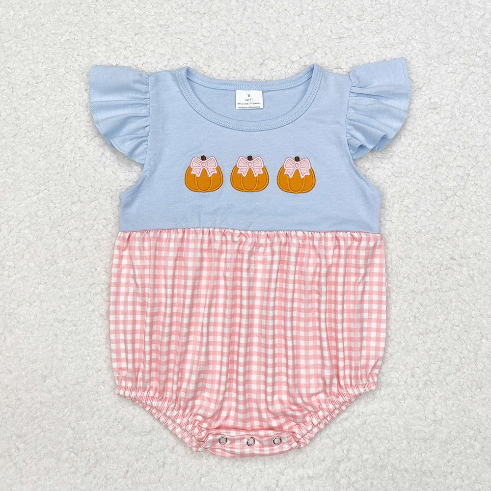 Baby Infant Girls Blue Pumpkins Flutter Sleeve Rompers