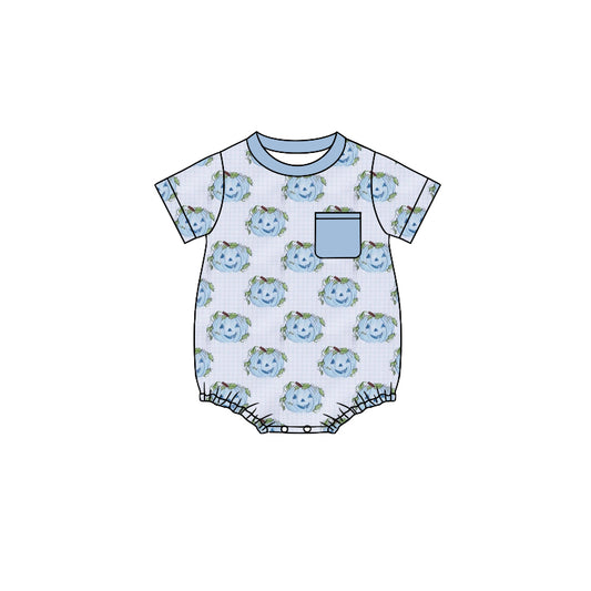 Baby Infant Boys Blue Pumpkin Pocket Rompers preorder