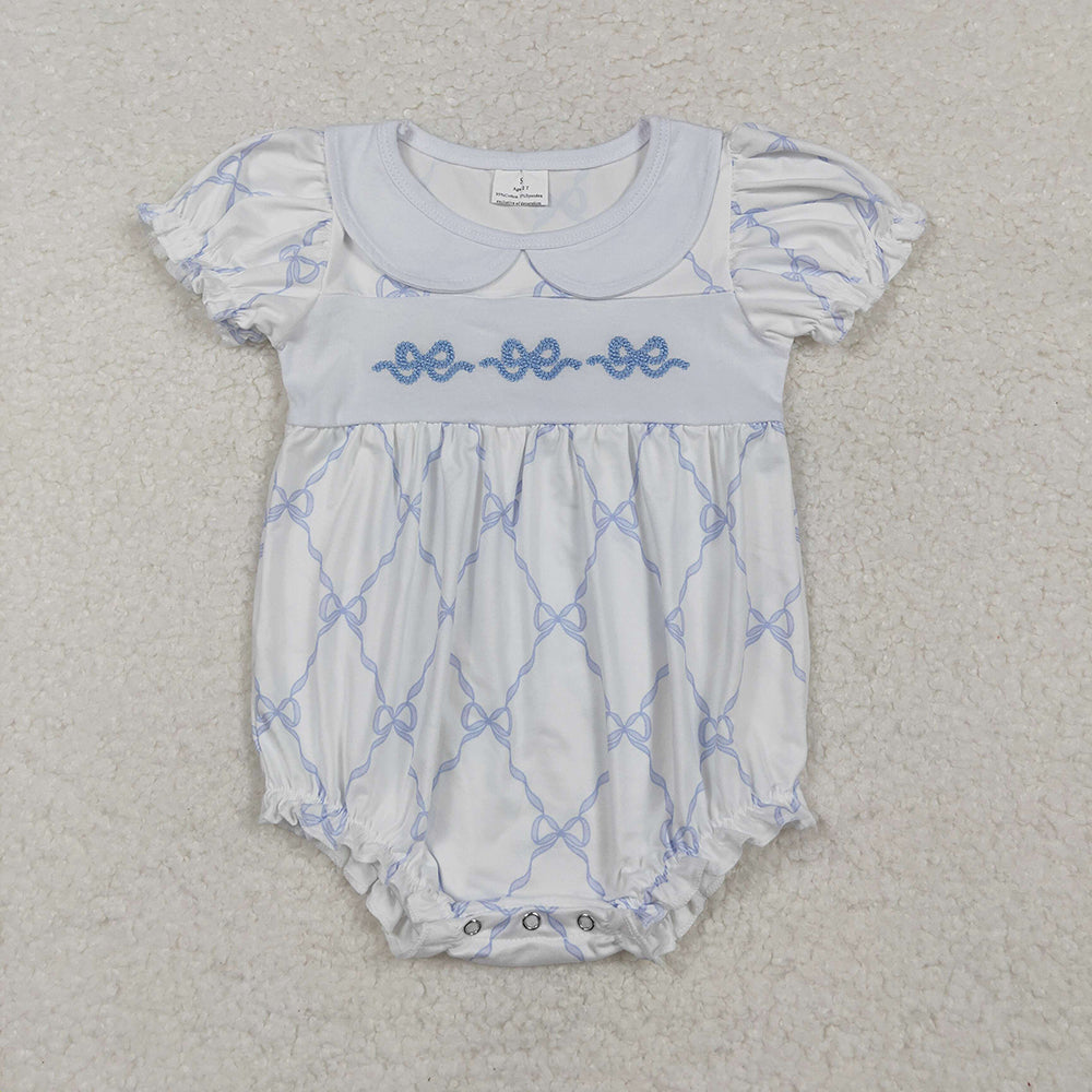 Baby Infant Girls Bows Blue Short Sleeve Rompers