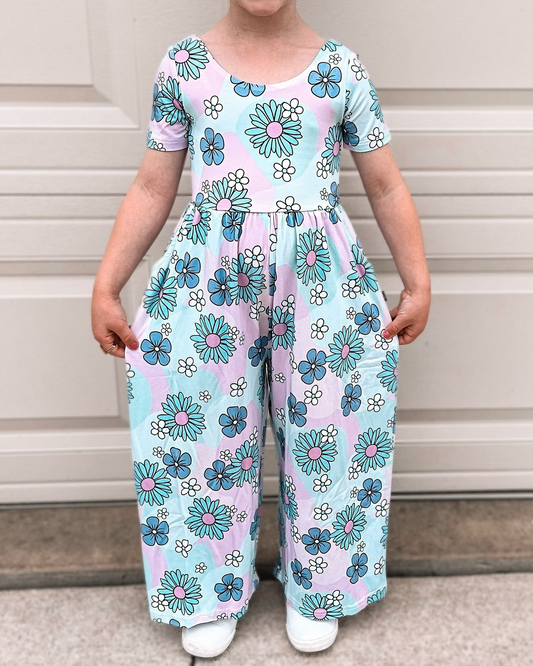 Baby Girls Blue Flowers Spring Pockets Jumpsuits Preorder