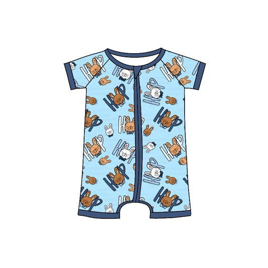 Baby Infant Boys Easter Rabbit Blue Zip Rompers preorder