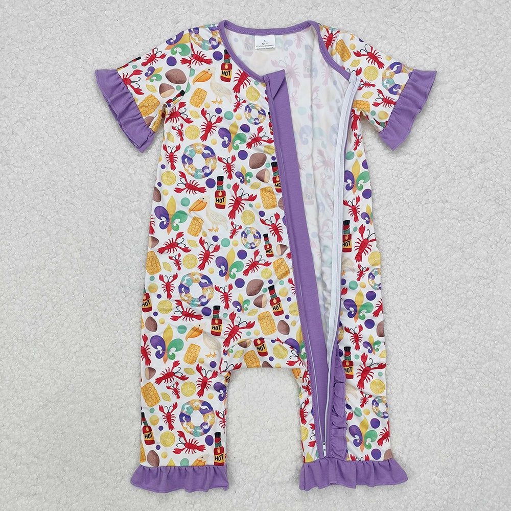 Baby Infant Girls Mardi Gras Anchor Crawfish Zip Rompers