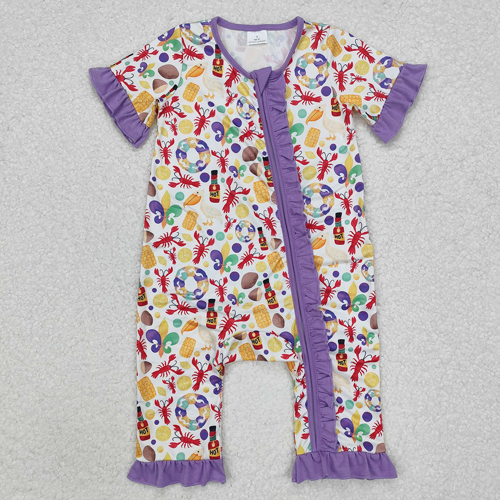 Baby Infant Girls Mardi Gras Anchor Crawfish Zip Rompers