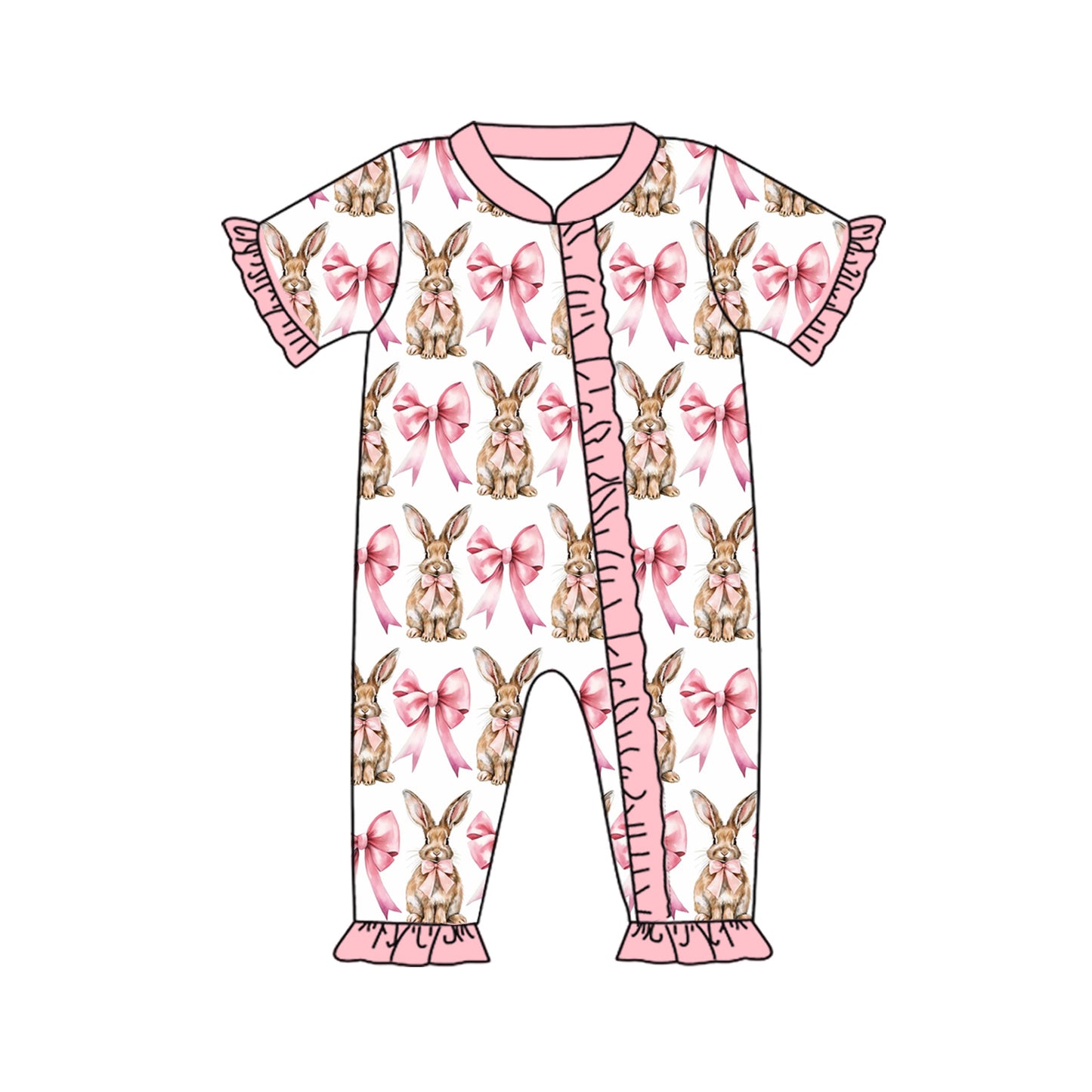 Baby Infant Girls Easter Bunny Pink Bows Zip Rompers preorder