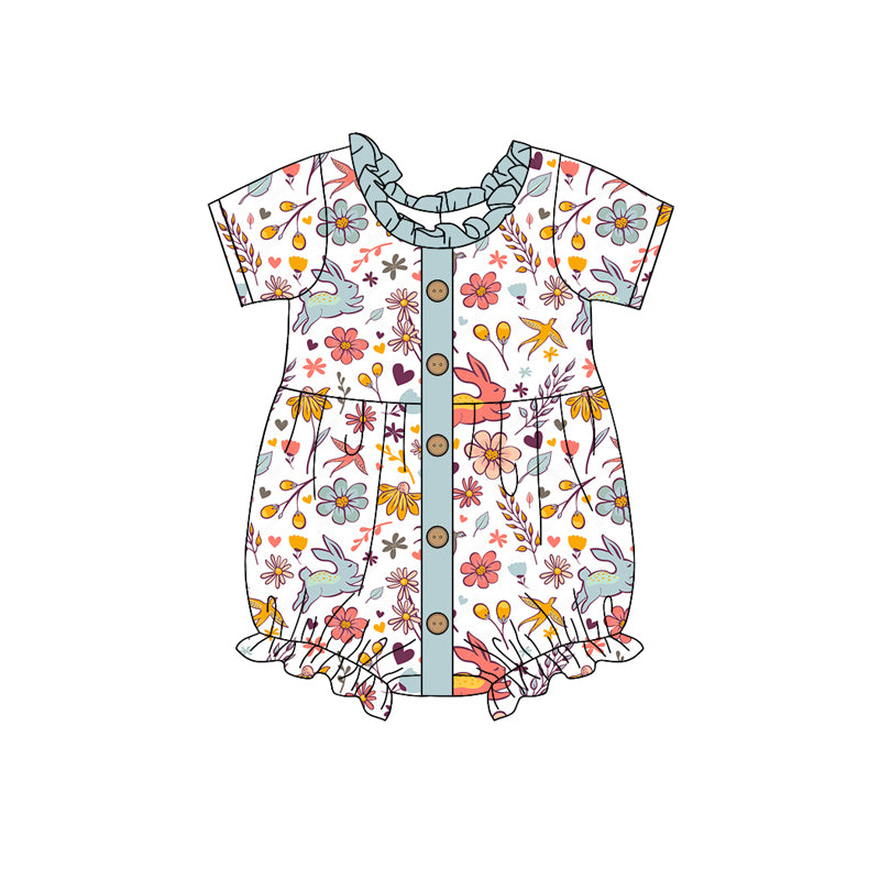 Baby Infant Girls Easter Bunny Flowers Buttons Rompers preorder