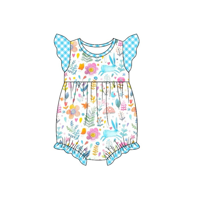 Baby Infant Girls Easter Blue Rabbits Flutter Sleeve Rompers preorder