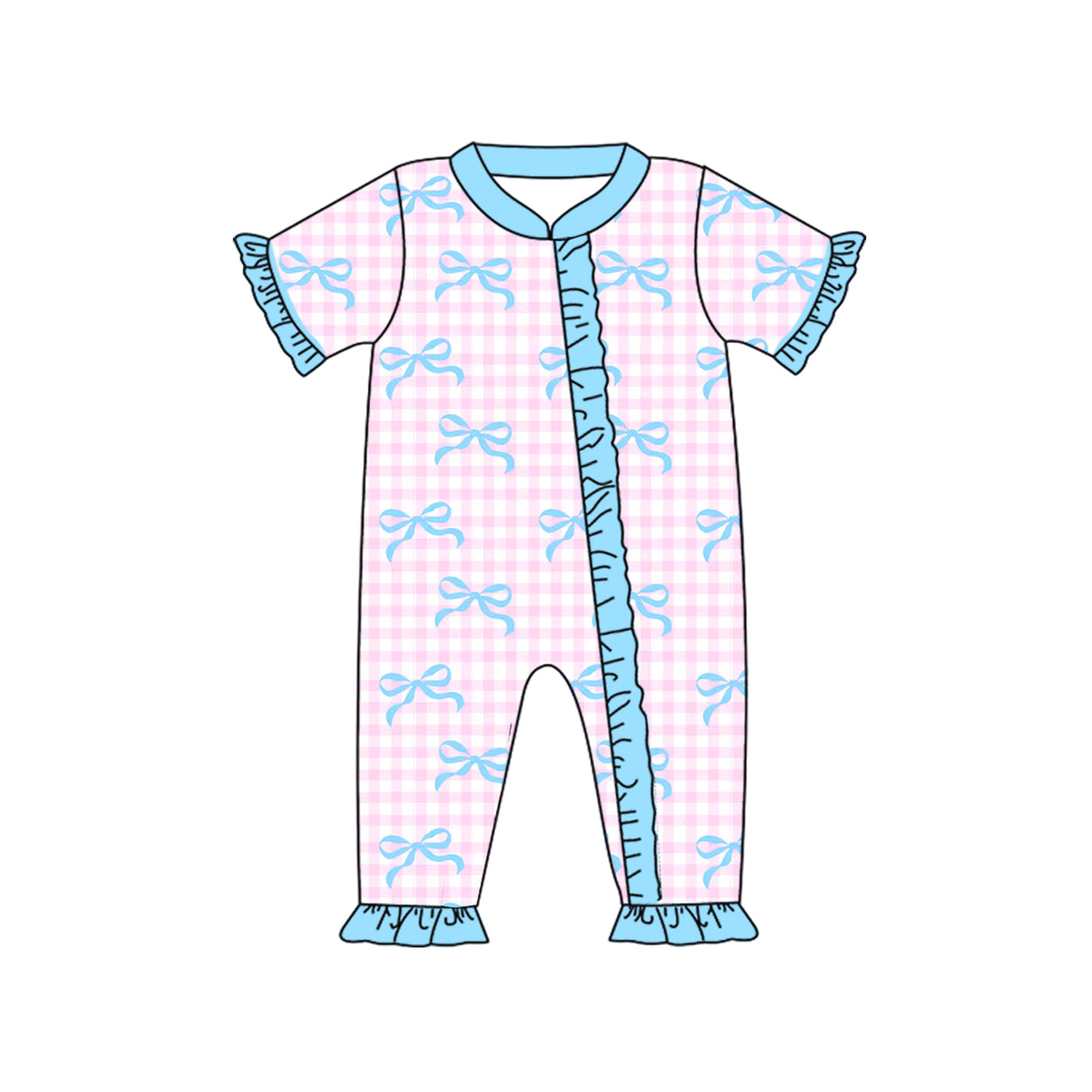 Baby Infant Girls Pink Checkered Bows Ruffle Zip Rompers preorder