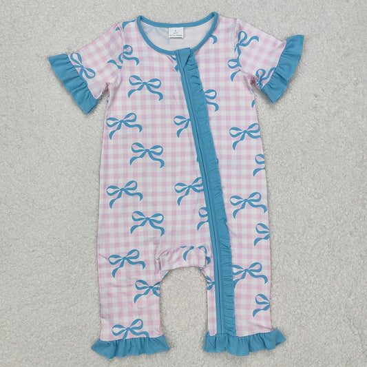 Baby Infant Girls Pink Checkered Bows Ruffle Zip Rompers