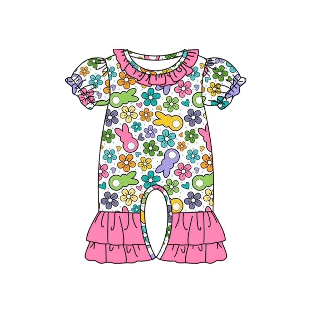 Baby Infant Girls Easter Rabbits Flowers Short Sleeve Rompers preorder