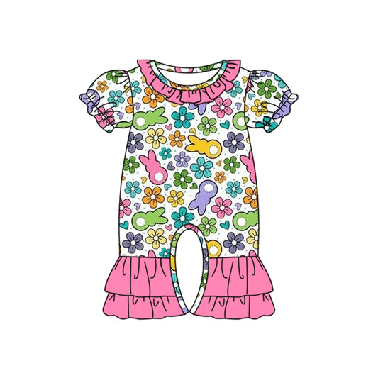 Baby Infant Girls Easter Rabbits Flowers Short Sleeve Rompers preorder