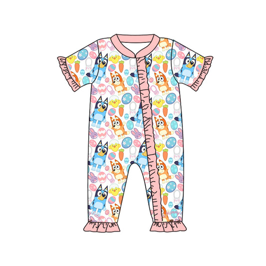 Baby Infant Girls Easter Dogs Eggs Zip Rompers preorder