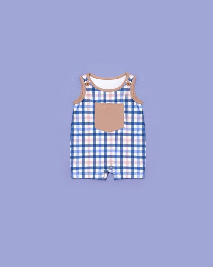 Baby Infant Boys Blue Checkered Pocket Rompers preorder