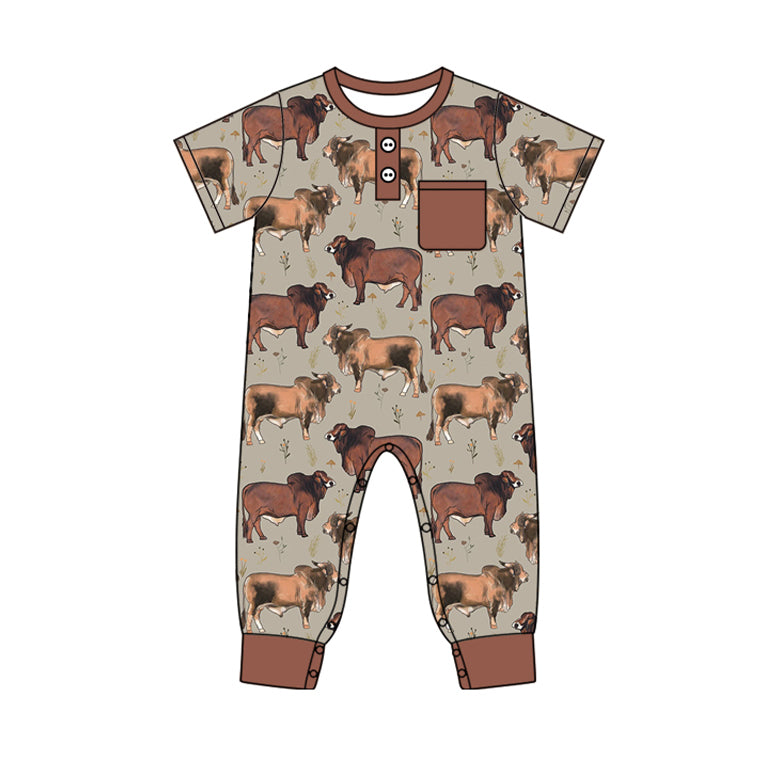 Baby Infant Boys Western Cows Pocket Short Sleeve Rompers preorder