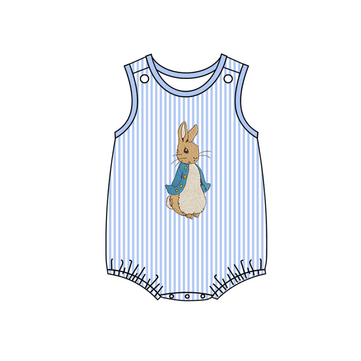 Baby Infant Boys Easter Blue Stripes Bunny Sleeveless Rompers preorder