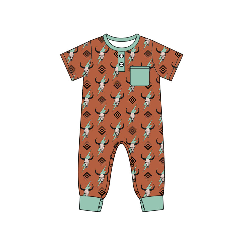 Baby Infant Boys Western Cows Pocket Short Sleeve Rompers preorder