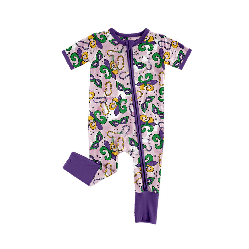 Baby Infant Girls Mardi Gras Masks Purple Zip Rompers preorder