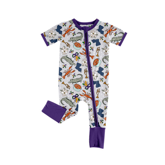 Baby Infant Girls Mardi Gras Crocodile Purple Zip Rompers preorder